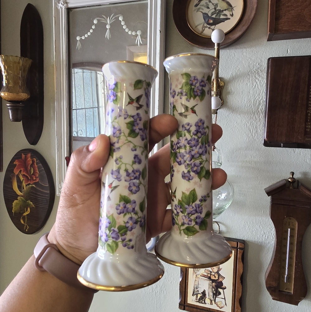 Vintage Porcelain Purple Floral & Hummingbird Candle Holders with Gold Accents
